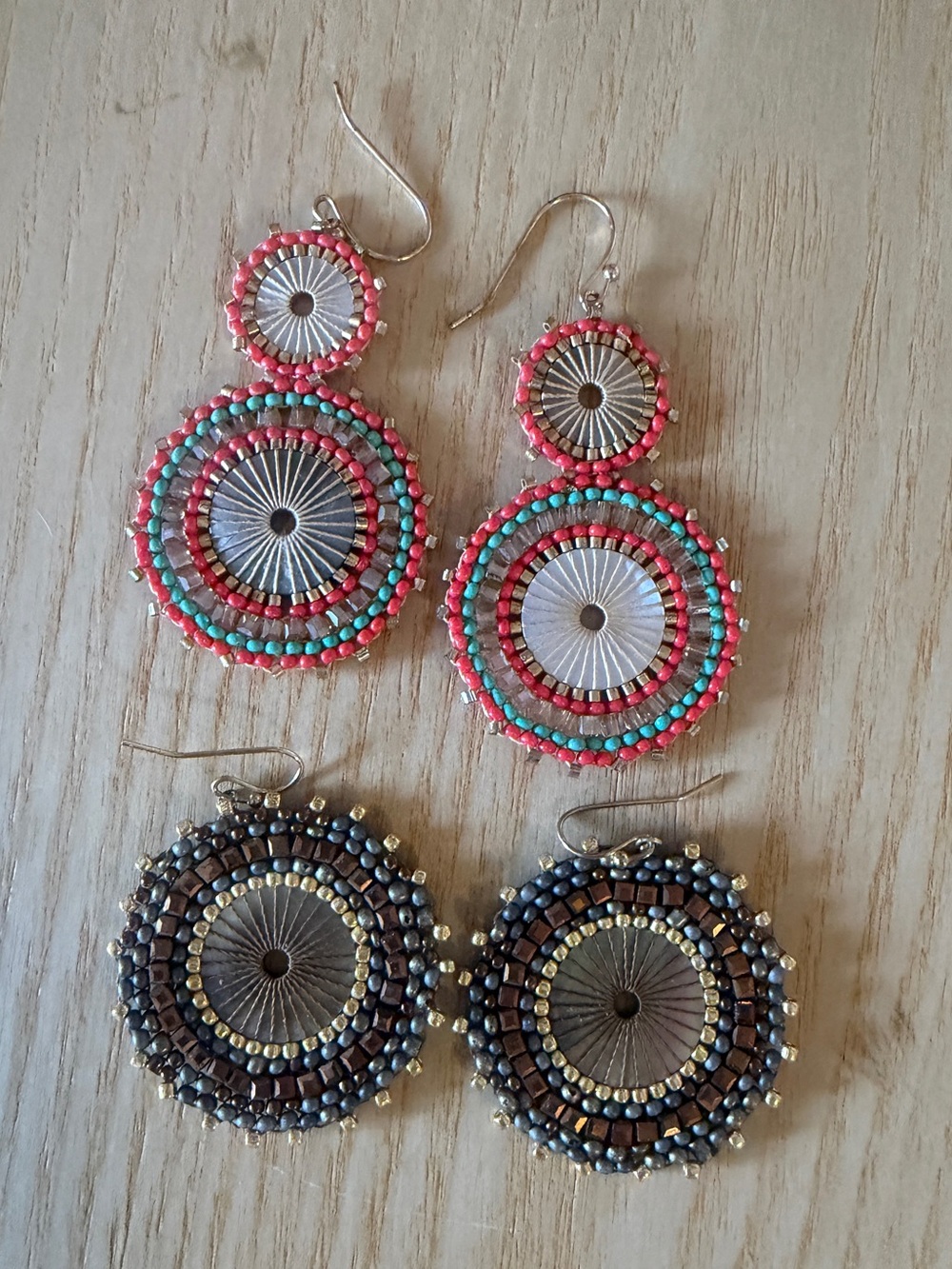 Handmade Beaded Drop Earrings in Orange & Turquoise and Brown
2 pairs